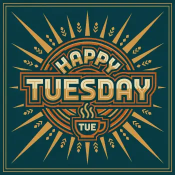 Forum avatar showing retro typography HAPPY TUESDAY with sunburst rays and a steaming coffee cup labeled TUE.