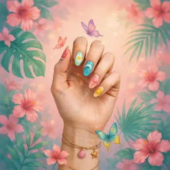 Forum avatar/pfp: hand with summer nail art manicure, colorful floral and butterfly designs against a tropical floral background.