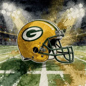 Profile avatar of a Green Bay Packers football helmet on a stadium field under bright lights, rendered with a watercolor texture.