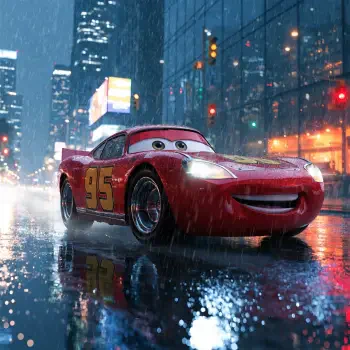 Forum avatar of Lightning McQueen from Cars: smiling red #95 race car splashing through a neon-lit city street in the rain.