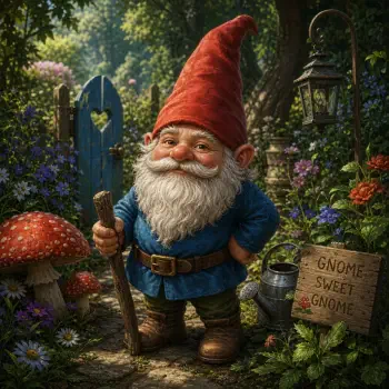 Forum avatar of a charming garden gnome: smiling bearded gnome in a red hat and blue coat, holding a staff in a flowered garden beside a Gnome Sweet Gnome sign.