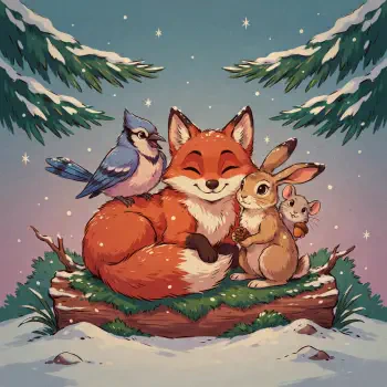 Forum avatar of winter animals: a smiling fox curled with a rabbit on a snowy log, a bluebird perched on its tail beneath snow-dusted pine boughs.