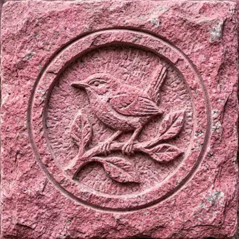 Forum avatar/pfp: square pink stone relief carving of a small bird perched on a leafy branch inside a circular frame.