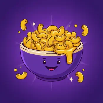 Cartoon forum avatar of a smiling purple bowl overflowing with gooey mac and cheese macaroni pasta, sparkles around it.