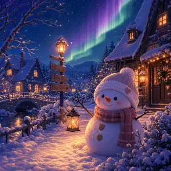 Forum avatar: cute winter snowman in a snowy village beneath the aurora borealis, glowing lanterns and cozy lit cottages.