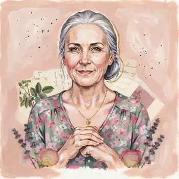 Forum avatar portrait of an elderly grandmother: a smiling gray-haired woman in a floral dress with hands clasped, set against a soft pastel background with floral accents.