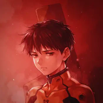 Portrait of a brooding Neon Genesis Evangelion anime boy in an orange plugsuit against a moody red background, rendered as a stylized forum avatar/pfp.