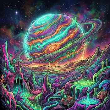 Neon alien landscape with a ringed planet rising over gooey spires and glowing pools — colorful space scene used as a forum avatar.