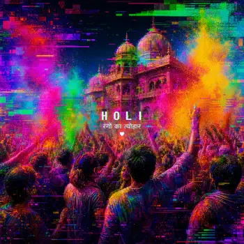 Forum avatar/pfp: vibrant Holi festival crowd throwing neon pink, green and yellow powders around a temple, with bright, stylized digital glitch effects.