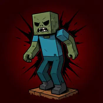 Blocky Minecraft zombie avatar: snarling green figure in a teal shirt on a cracked tile, black splatter on a dark red background — forum profile picture.