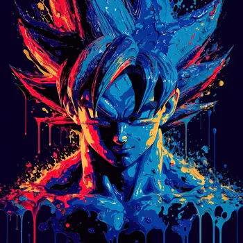 Abstract portrait of Goku in dripping neon paint—vivid blues, reds, and yellows form a bold forum avatar.