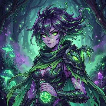Fantasy anime elf sorceress avatar: glowing green-eyed mage in a moonlit forest, bioluminescent fungi and dripping emerald magic, clutching a glowing vial — styled as a forum avatar/pfp.