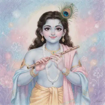 Forum avatar of young Krishna holding a flute, wearing a peacock feather and jewelry against a soft pastel background.