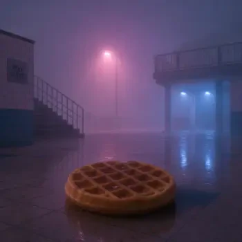 Forum avatar/pfp/profile photo: a lone waffle on wet pavement in thick fog, neon streetlights casting pink-blue reflections for a moody, cinematic night scene.