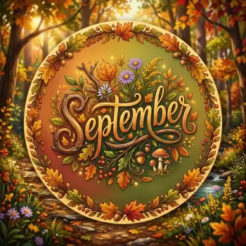 Round autumn wreath pfp emblazoned with September amid fall leaves, acorns, mushrooms and flowers against a warm forest background.