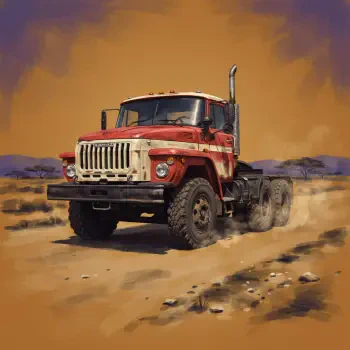Forum avatar/profile photo of a stylized red Kamaz pickup truck vehicle kicking up dust across a desert — rugged truck illustration.