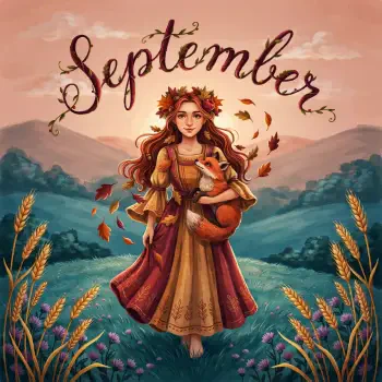 Forum avatar of a September-themed girl in an autumn dress and leaf crown, holding a fox among falling leaves and wheat, with September hand-lettered above.