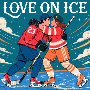 Forum avatar of a kissing hockey couple ice-skating in jerseys and skates under a LOVE ON ICE banner — a romantic hockey profile image.
