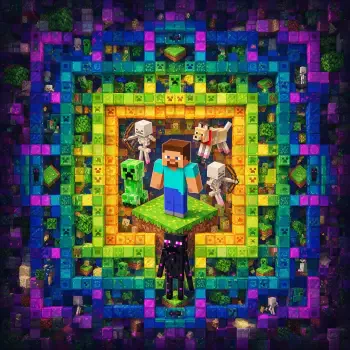 Minecraft forum avatar: Steve on a floating grass block with a Creeper, skeletons and Enderman, set inside a neon pixelated frame.