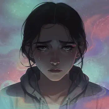 Depressed anime girl portrait — tearful, dark-haired girl in a hoodie against a dreamy pastel background, framed as a forum avatar/pfp/profile photo.