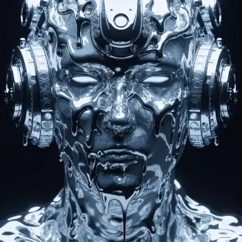 Liquid-metal android cyborg face wearing a mechanical headset, a stylized forum avatar/pfp.