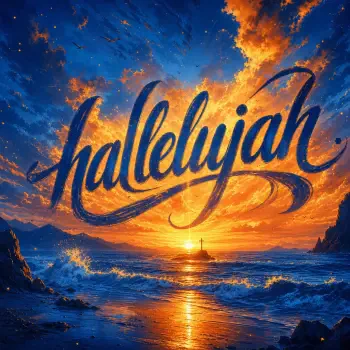 Forum avatar: hallelujah in sweeping calligraphy over a fiery ocean sunset, waves breaking toward rocky cliffs and a distant lighthouse, warm light reflecting on the water.