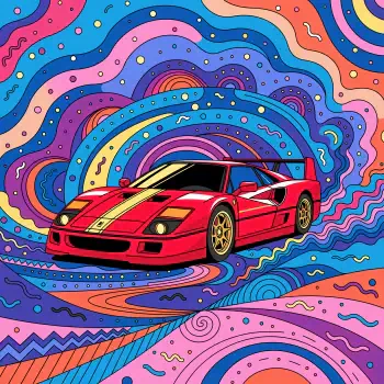 Forum avatar/pfp of a red Ferrari supercar sports car with gold stripe and wheels set against a colorful psychedelic swirl background.