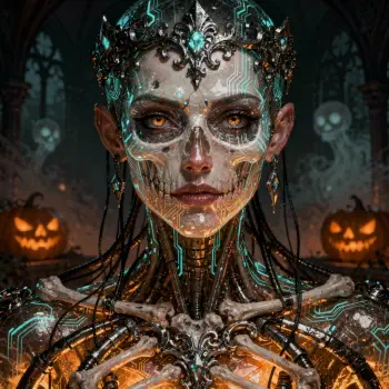 Forum avatar: Halloween gothic cyborg woman with skull-like face, jeweled crown and exposed mechanical chest, glowing circuitry and jack-o'-lanterns in the background.