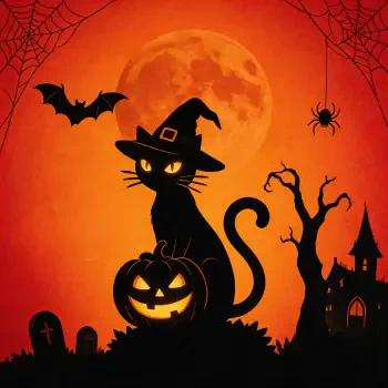 Halloween forum avatar: black cat in a witch hat perched on a jack-o'-lantern before an orange full moon, with bats, a spider and grave silhouettes.