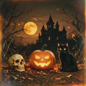 Forum avatar/pfp: spooky season Halloween scene — glowing carved pumpkin, skull, and watchful black cat in front of a moonlit haunted castle.