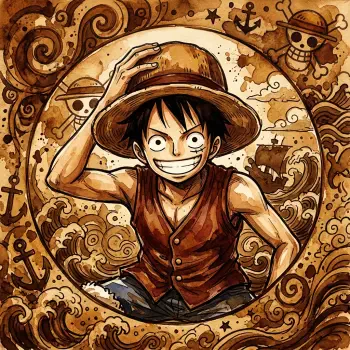 Forum avatar of Monkey D. Luffy — smiling anime pirate in a straw hat and vest, surrounded by swirling sea motifs, anchors and a skull emblem in a sepia cartoon style.