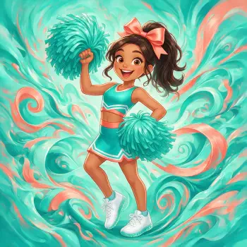 Bright forum avatar/pfp of a smiling girl cheerleader in a teal uniform, holding pom-poms amid a swirling teal and coral background.