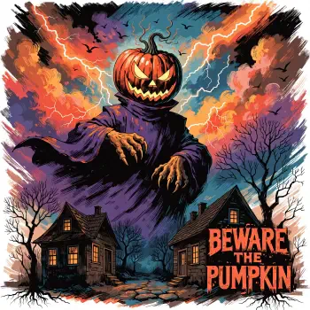 Forum avatar/pfp: pumpkin-headed scarecrow looming over two haunted houses beneath a lightning-split, colorful Halloween sky, captioned Beware the Pumpkin.