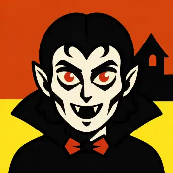 Cartoon Dracula vampire forum avatar — Halloween horror profile image: fanged grin, red eyes, black cape and silhouetted castle.