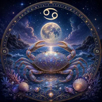 Forum avatar: ornate Cancer (astrology) crab beneath a luminous moon and Cancer glyph, cosmic ocean with shells and a starry celestial frame.