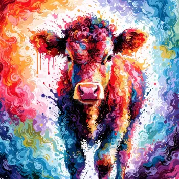 Vibrant painted portrait of a calf (cow) in swirling rainbow brushstrokes, styled as a bold forum avatar/pfp/profile photo.