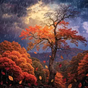 Forum avatar/pfp: a lone tree in a rainy autumn forest, glowing fall foliage and drifting leaves under a dramatic golden-gray sky.