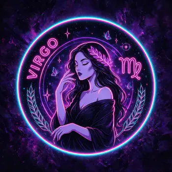 Neon purple Virgo astrology zodiac avatar: stylized woman with laurel, Virgo glyph in a glowing circular cosmic frame — forum profile photo.