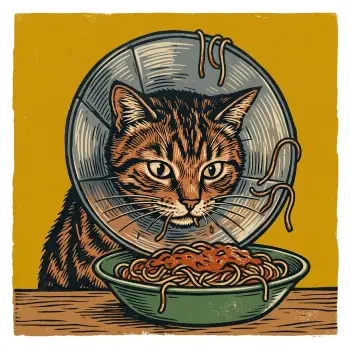 Comic-style forum avatar of a tabby cat named Noodles wearing a cone and peering at a bowl of noodles against a mustard-yellow background.