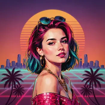 Stylized neon portrait of a woman with teal and magenta hair, hoop earrings and gold chains against a retro sunset cityscape — a vibrant forum avatar/pfp.