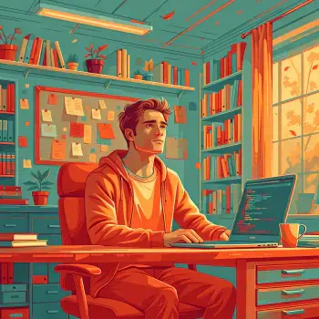 Forum profile avatar of a man programmer at a desk in a cozy office, focused on a laptop with bookshelves and warm window light.