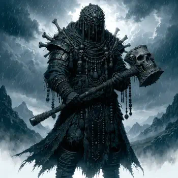 Forum avatar of an armored barbarian warrior in stormy rain, holding a skull-topped axe and clad in dark, ornate armor.