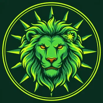Vivid green lion head with sunburst mane and a small star emblem — Leo (astrology) forum avatar/pfp.
