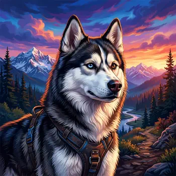 Forum avatar/profile photo of a Siberian husky dog with piercing blue eyes and a harness, posed against a vivid mountain sunset and winding forest trail.