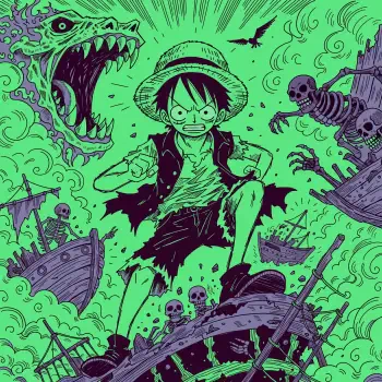 Neon-green anime/manga forum avatar: One Piece pirate Luffy in his straw hat, glaring amid shipwrecks, skeletons and a looming monstrous sea creature.