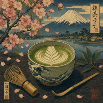PFP showing a matcha green tea latte with latte art in a traditional cup, bamboo whisk and scoop, cherry blossoms and Mount Fuji in a vintage Japanese woodblock style.