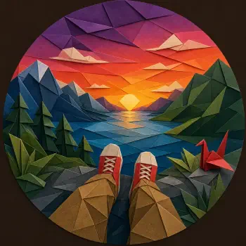 Forum avatar/pfp: POV of red-laced shoes overlooking a stylized mountain landscape sunset over a lake, origami-paper aesthetic with folded trees and a red paper crane.