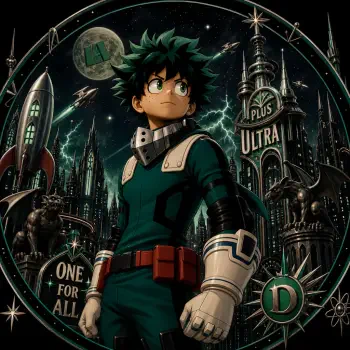 Anime superhero forum avatar: determined green-haired hero in a green suit stands proudly before a dramatic cityscape and Plus Ultra tower — stylized profile/pfp.