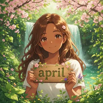 Forum avatar: smiling girl holding a wooden april sign beneath cherry blossoms with a waterfall and lush spring foliage.