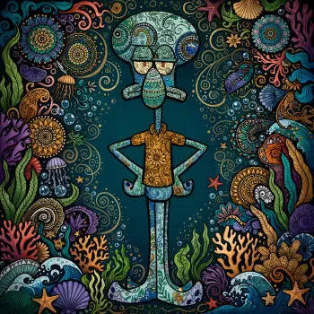 Ornate, mosaic-style Squidward Tentacles (octopus) forum avatar/pfp amid colorful coral, shells, jellyfish and swirling ocean motifs.